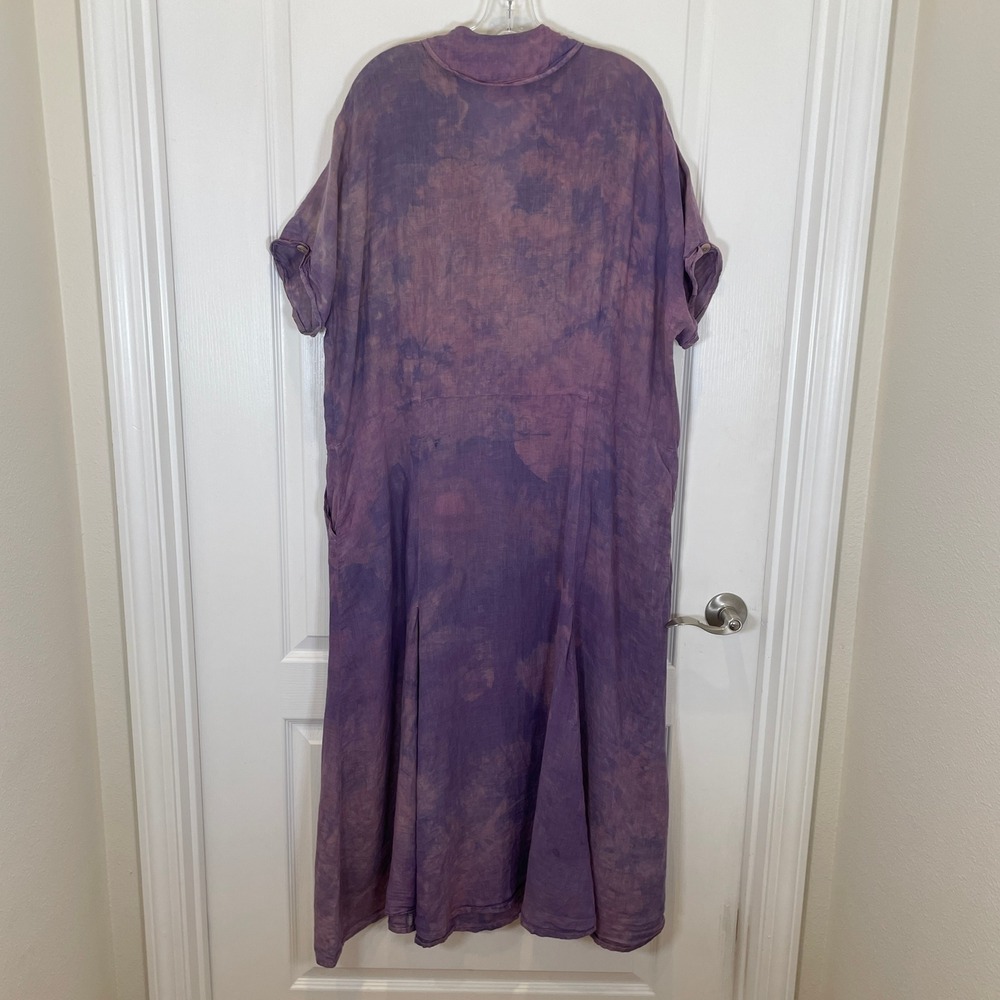 FLAX‎ Tie Dye 100% Linen Maxi Dress Purple Lagenlook Short Sleeve Shawl Collar L - Picture 5 of 5